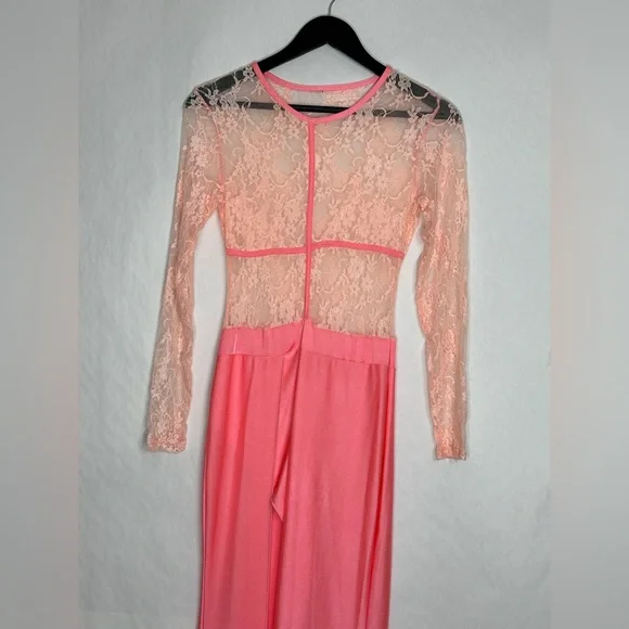Vintage Sheer Lace Long Sleeve Maxi Dress Flamingo Pink Size Medium Romantic - Picture 5 of 10